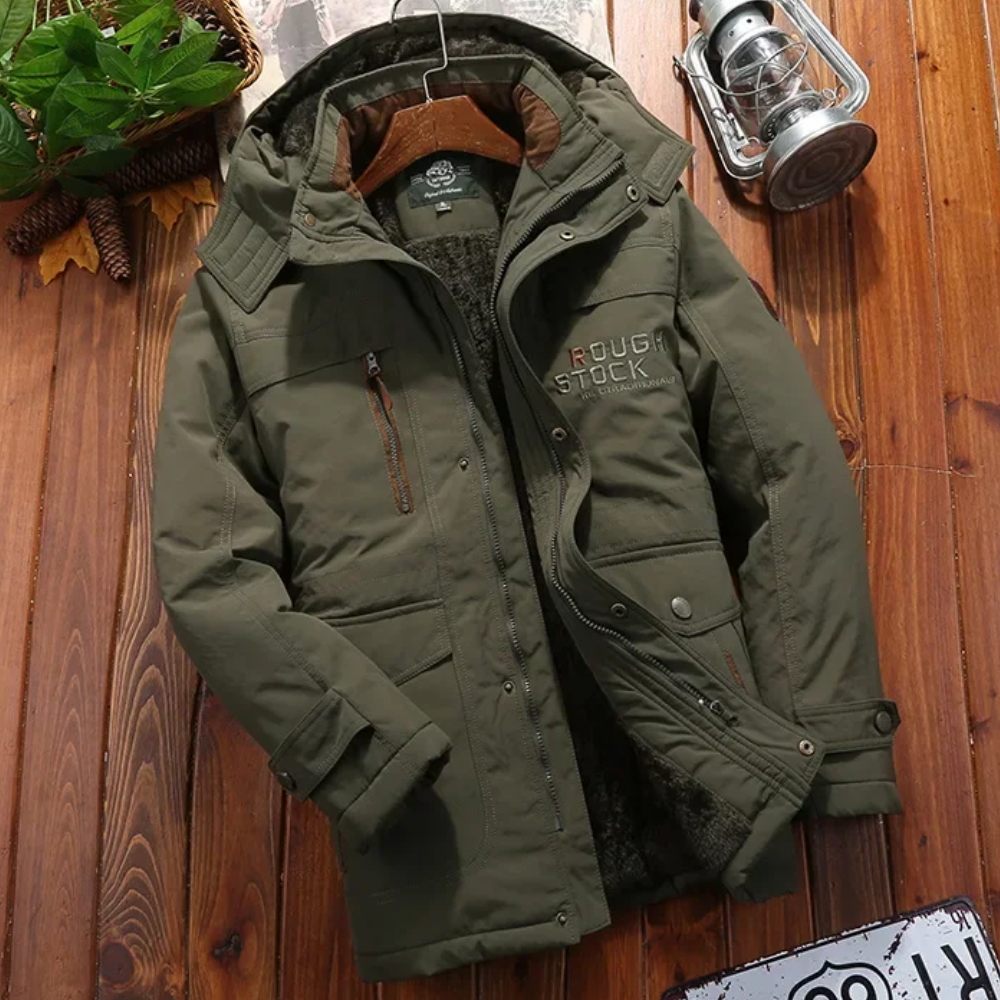 Robust parka jacket for men with detachable hood and pockets