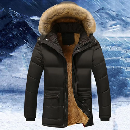 Men's puffer jacket with fur hood and warm lining