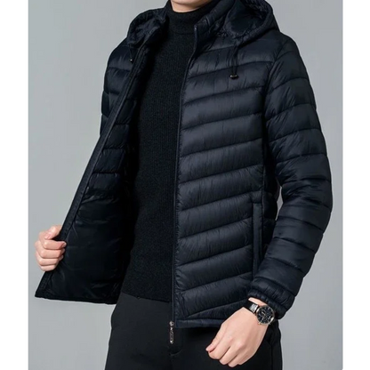 Men's weatherproof puffer jacket with hood and zip