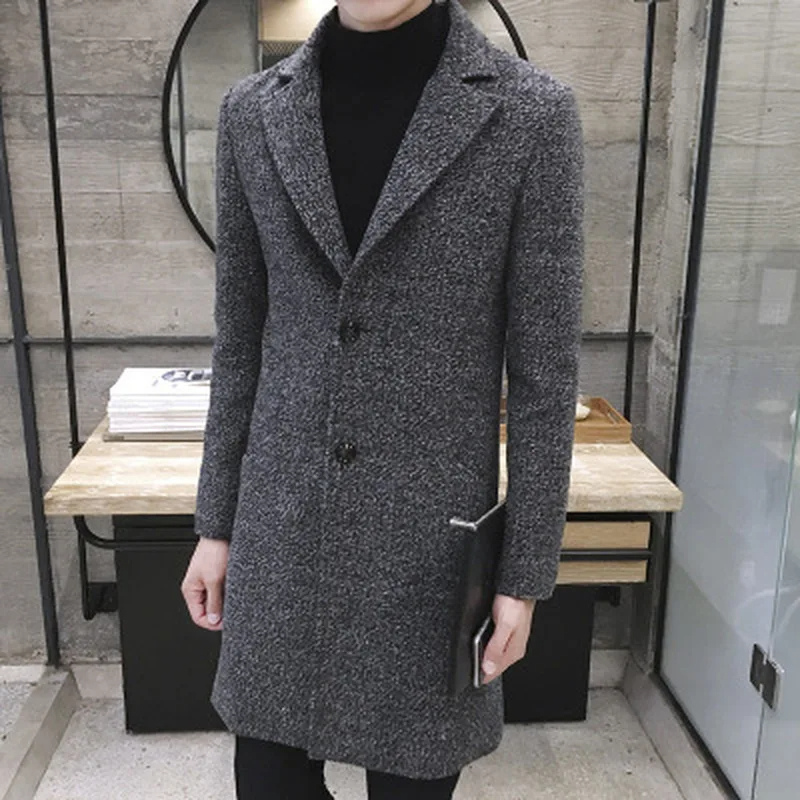 Elegant men's coat - slim-fit wool coat with lapel collar