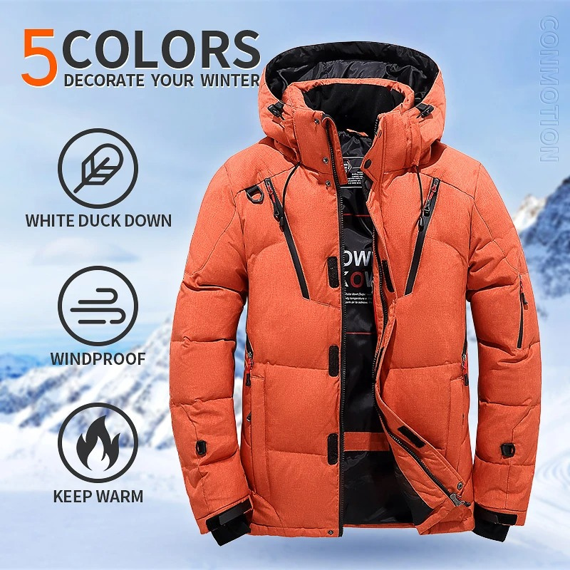 Men's puffer jacket with hood and many pockets