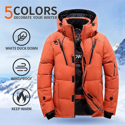 Men's puffer jacket with hood and many pockets