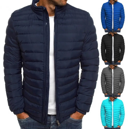 Men's puffer jacket with stand-up collar and front zip