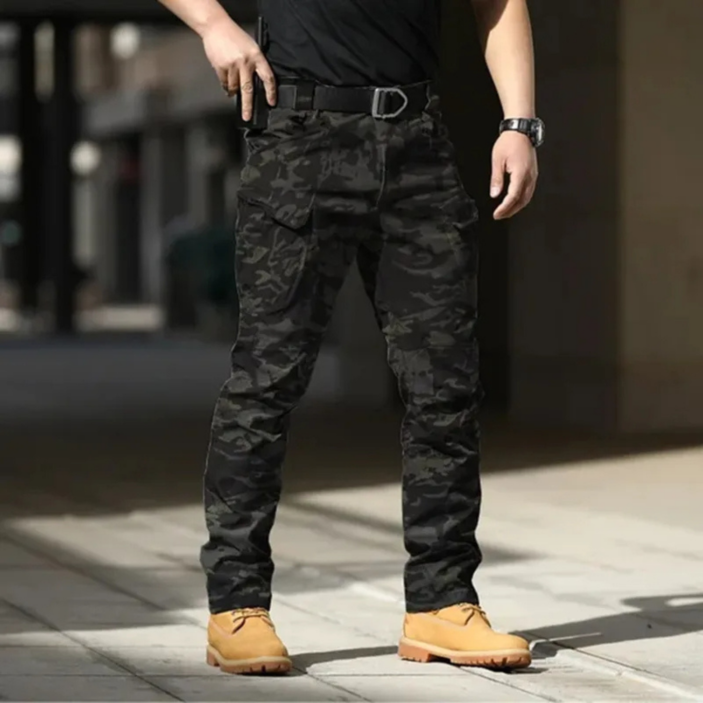 stretch fabric military colour multiple pocket cargo trousers mens