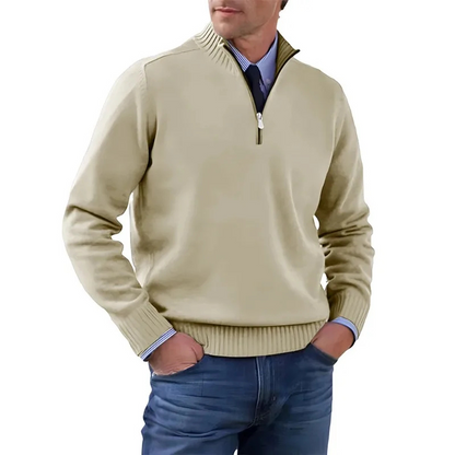 Men's Sweater with quarter zip, ribbed collar knitted jumper