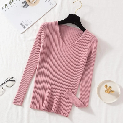 Slim-Fit Ribbed V-Neck Pullover For A Chic Look - Women's Sweater