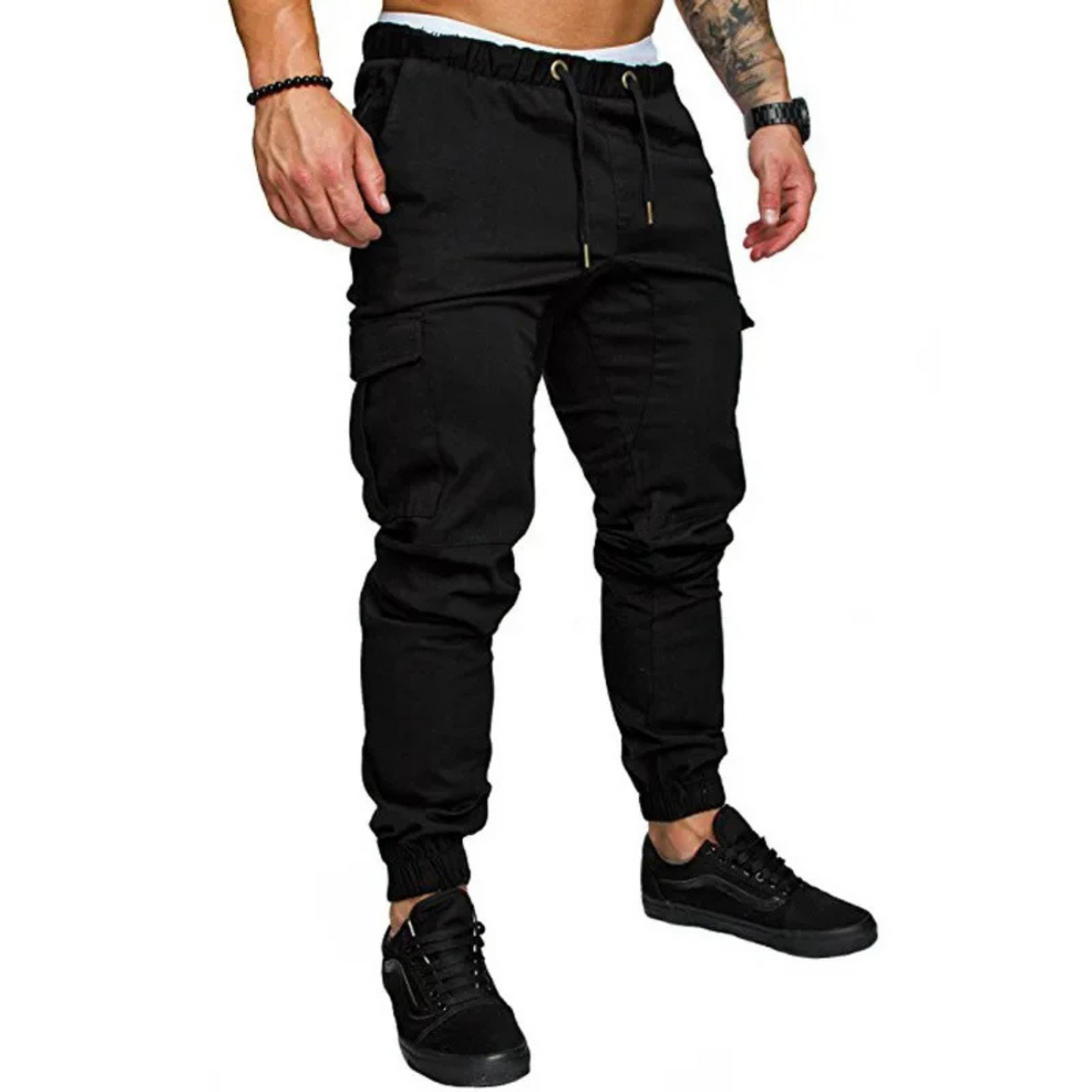 Multi-pocket long cargo trousers with drawstring for men