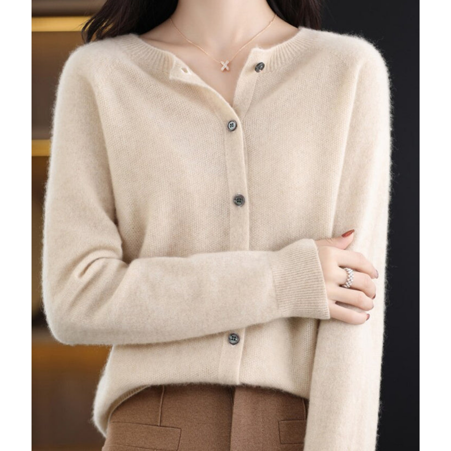 Pure Wool Ladies O-neck Cardigan Cashmere Sweater