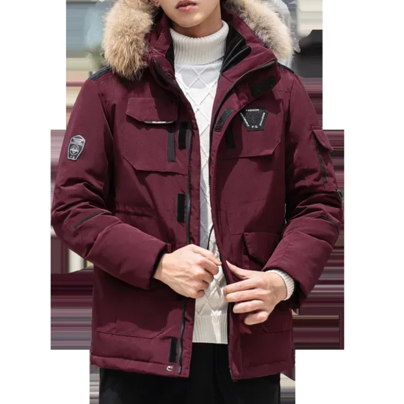 Men's parka winter jacket with fur hood and several pockets