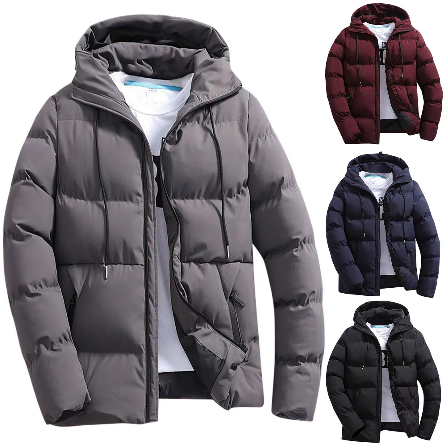 Men's puffer jacket with hood and zip front