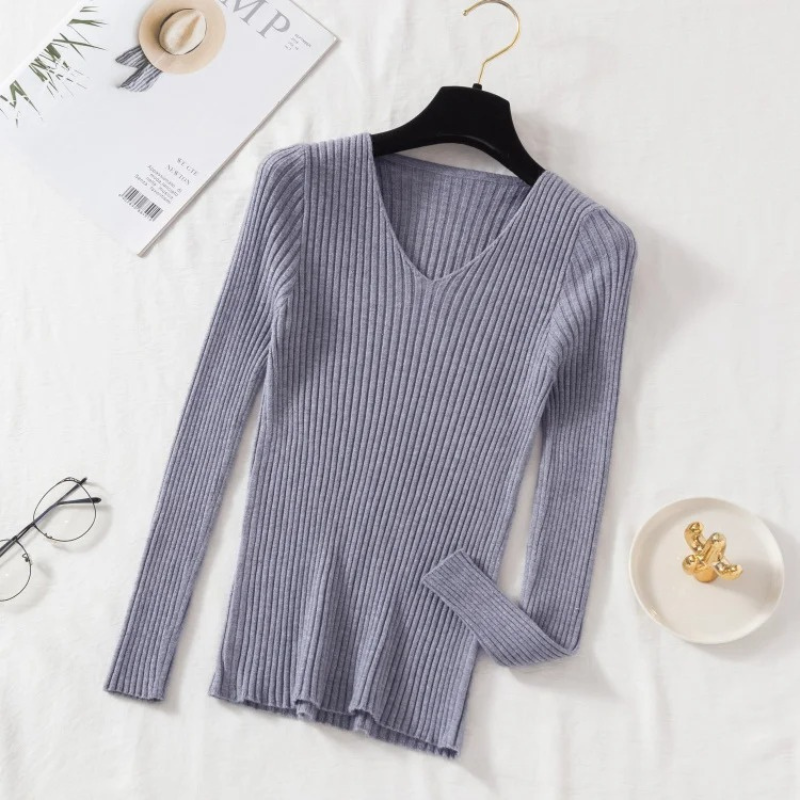 Slim-Fit Ribbed V-Neck Pullover For A Chic Look - Women's Sweater