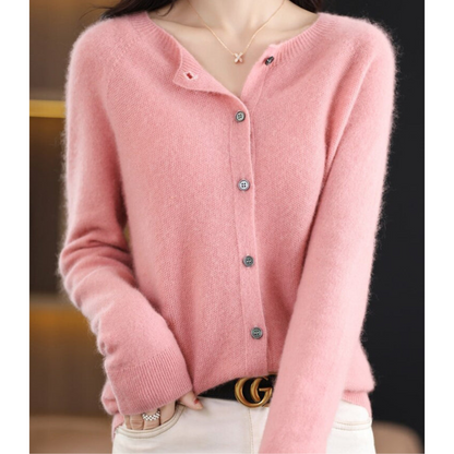 Pure Wool Ladies O-neck Cardigan Cashmere Sweater