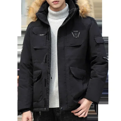 Men's parka winter jacket with fur hood and several pockets