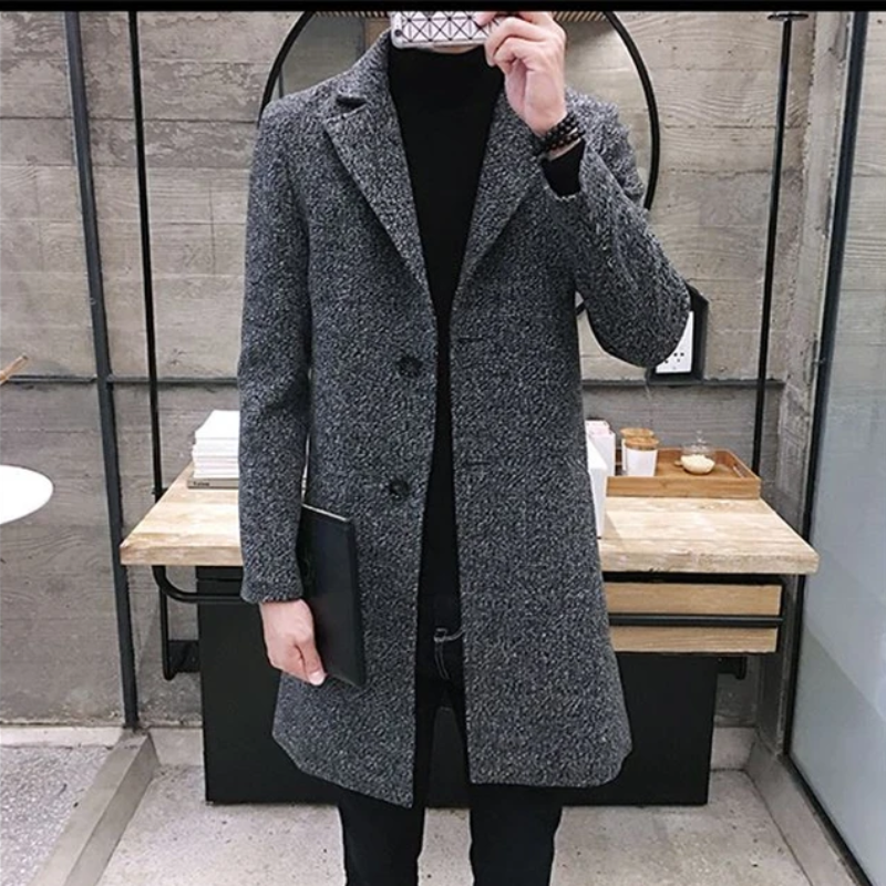 Elegant men's coat - slim-fit wool coat with lapel collar