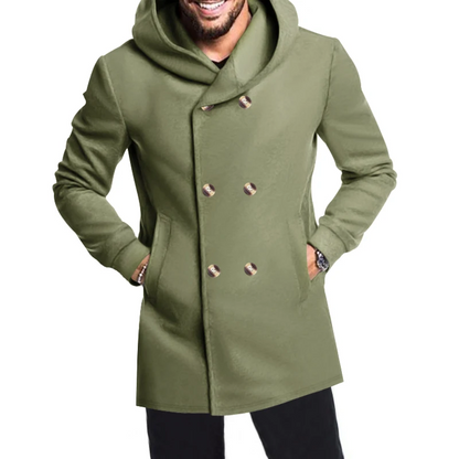 Modern men's coat - Double-buttoned coat with hood