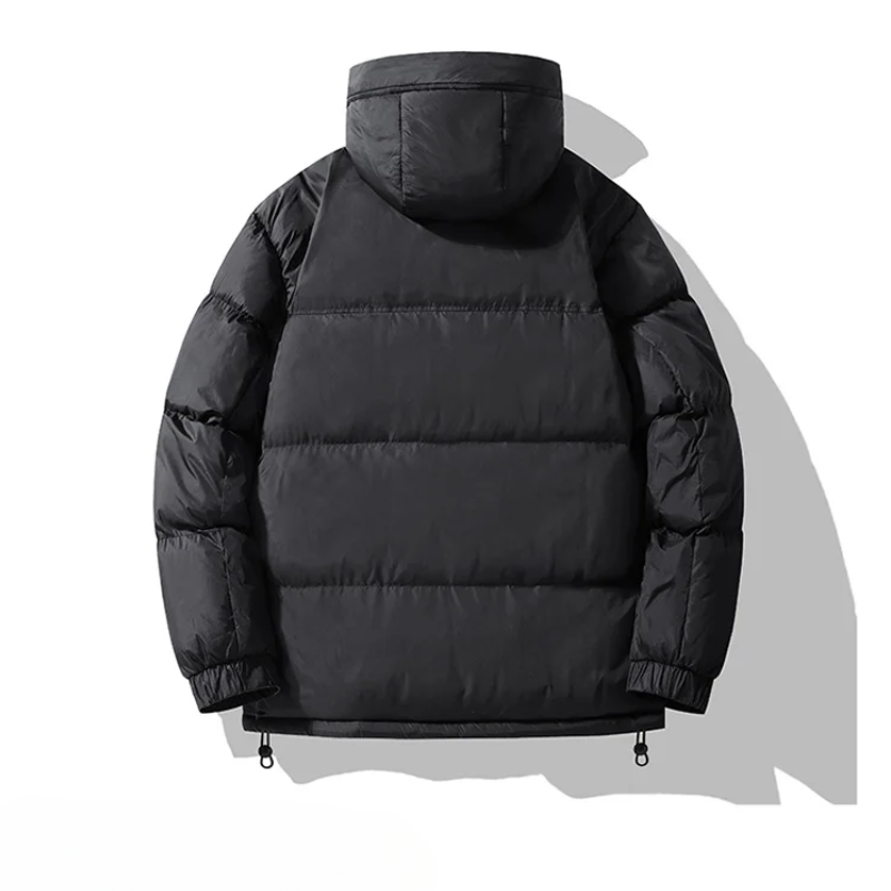 Men's puffer jacket with large hood and zip pockets