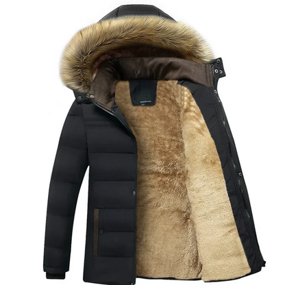 Men's lined parka jacket with hood and faux fur trim