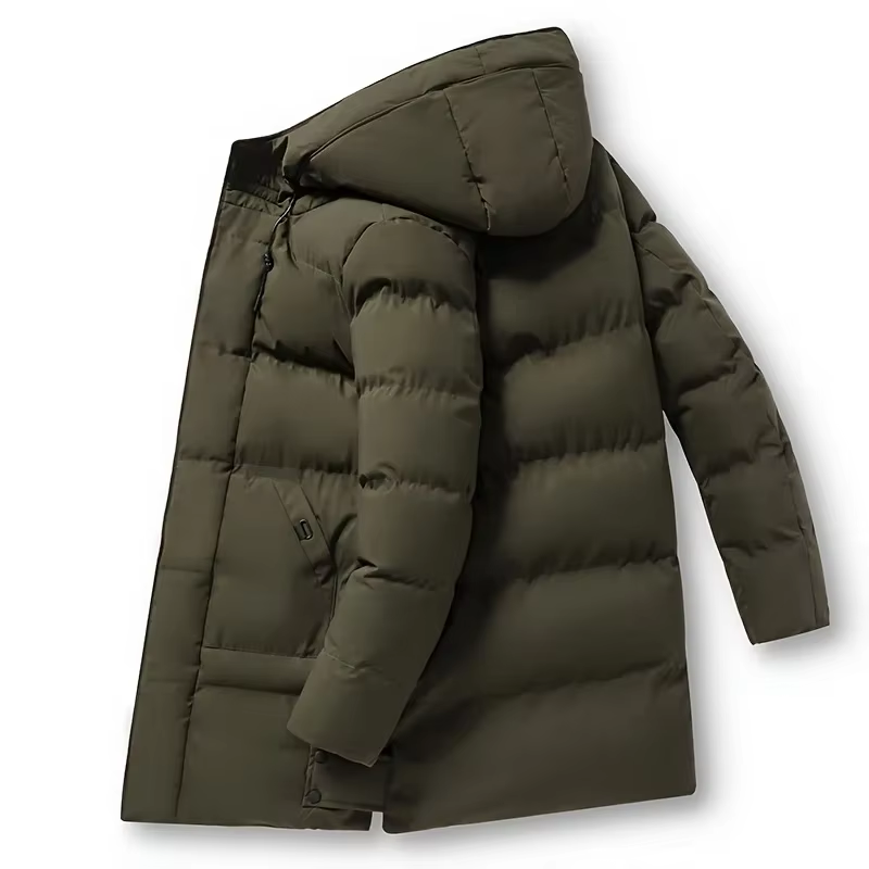 Men's long puffer jacket with adjustable hood and zip