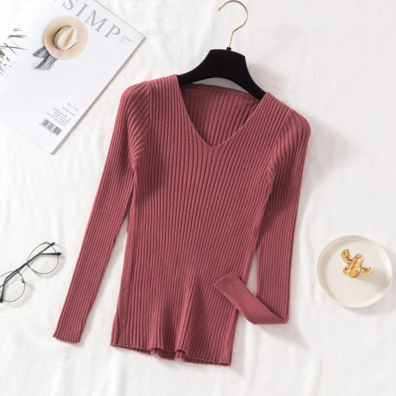 Slim-Fit Ribbed V-Neck Pullover For A Chic Look - Women's Sweater