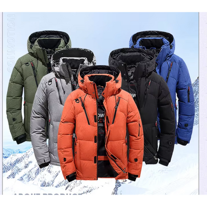 Men's puffer jacket with hood and many pockets