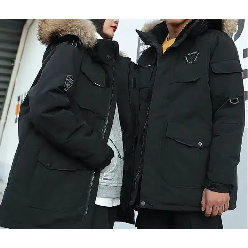 Men's parka winter jacket with fur hood and several pockets