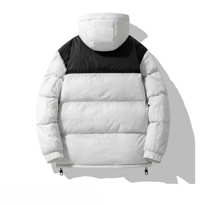 Men's puffer jacket with large hood and zip pockets