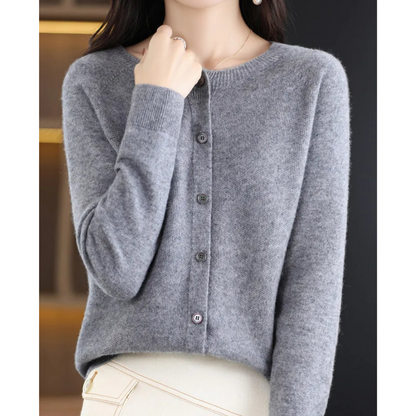 Pure Wool Ladies O-neck Cardigan Cashmere Sweater