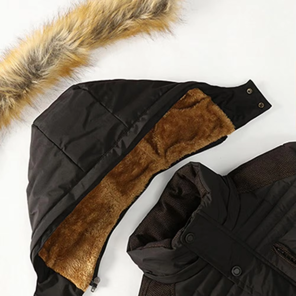 Men's puffer jacket with fur hood and warm lining