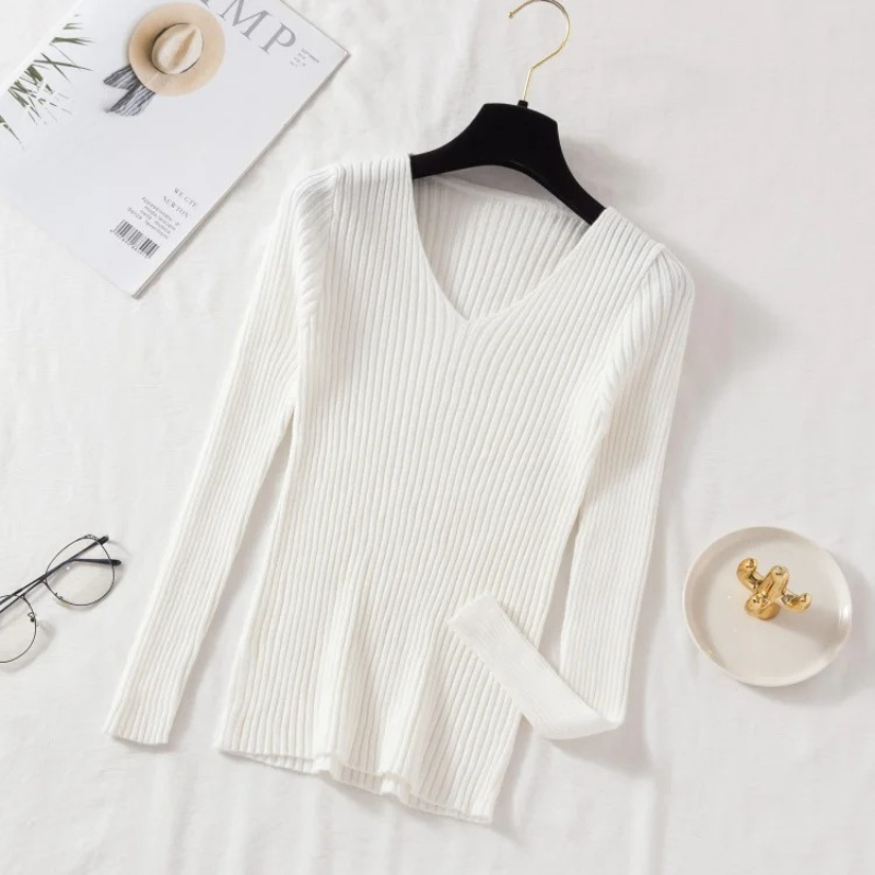 Slim-Fit Ribbed V-Neck Pullover For A Chic Look - Women's Sweater