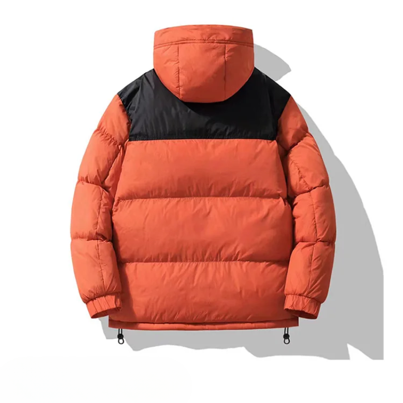 Men's puffer jacket with large hood and zip pockets