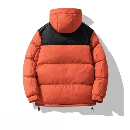 Men's puffer jacket with large hood and zip pockets