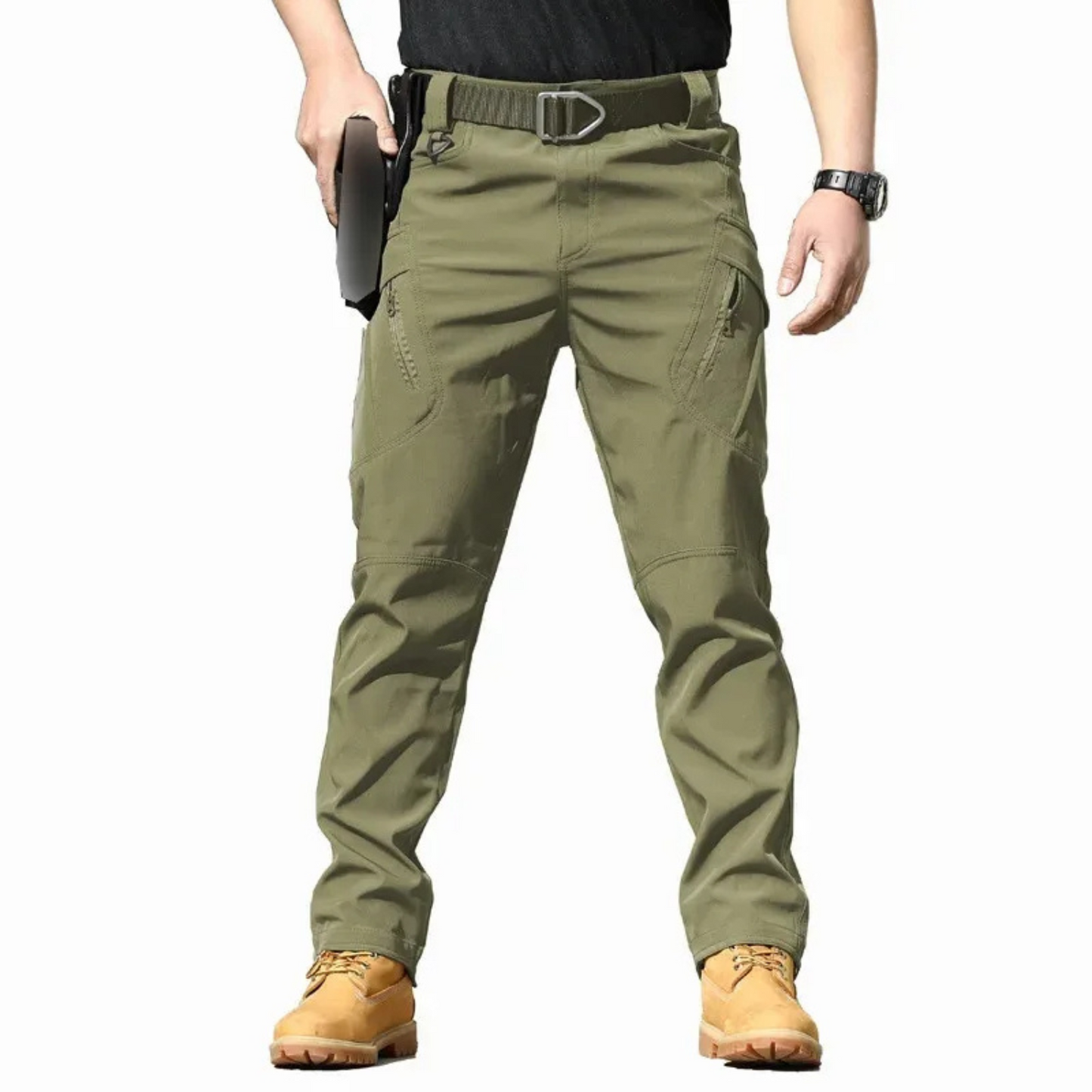 stretch fabric military colour multiple pocket cargo trousers mens