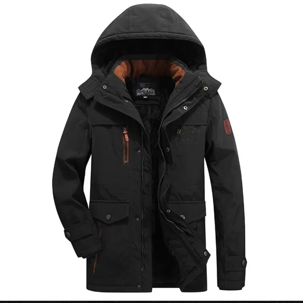 Robust parka jacket for men with detachable hood and pockets