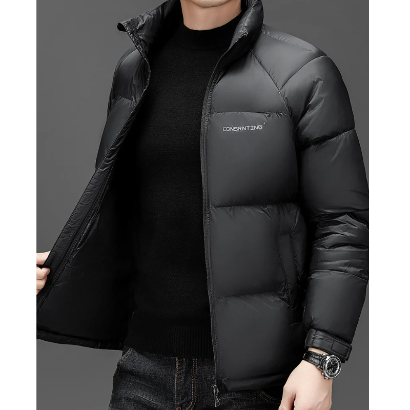 Men's puffer jacket with high collar and logo details