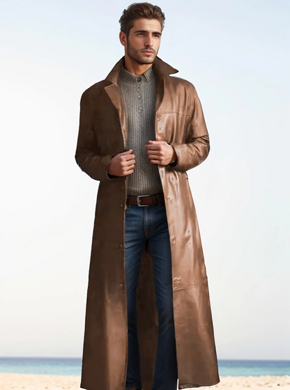 Modern men's coat - Long leather coat with classic lapels