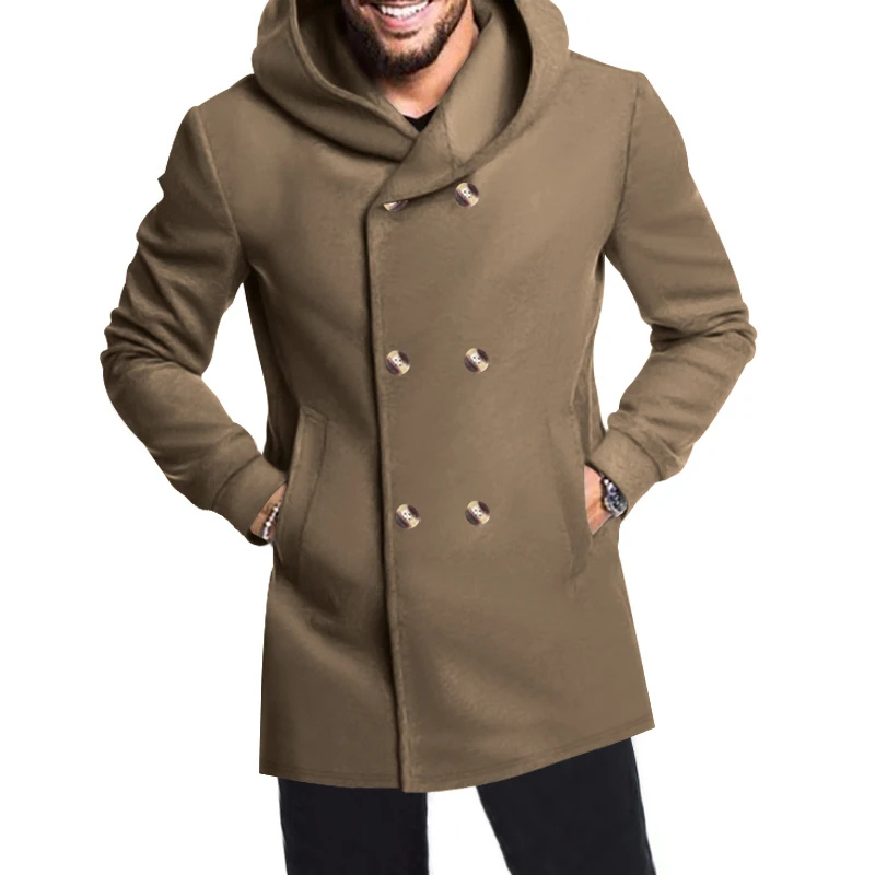 Modern men's coat - Double-buttoned coat with hood