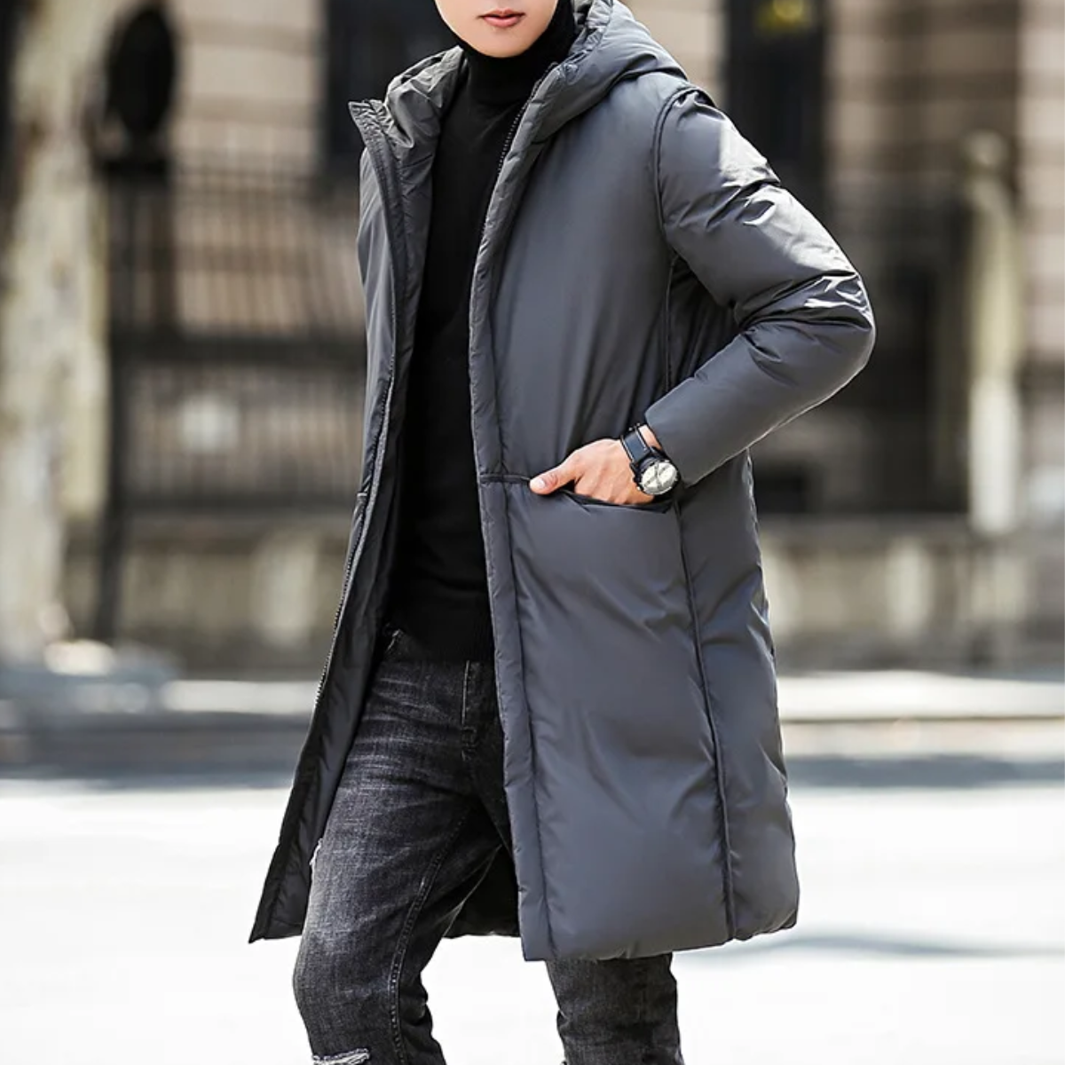 Men's parka winter jacket long cut with hood and pockets