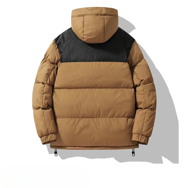 Men's puffer jacket with large hood and zip pockets