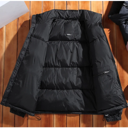 Men's puffer jacket with stand-up collar and front zip