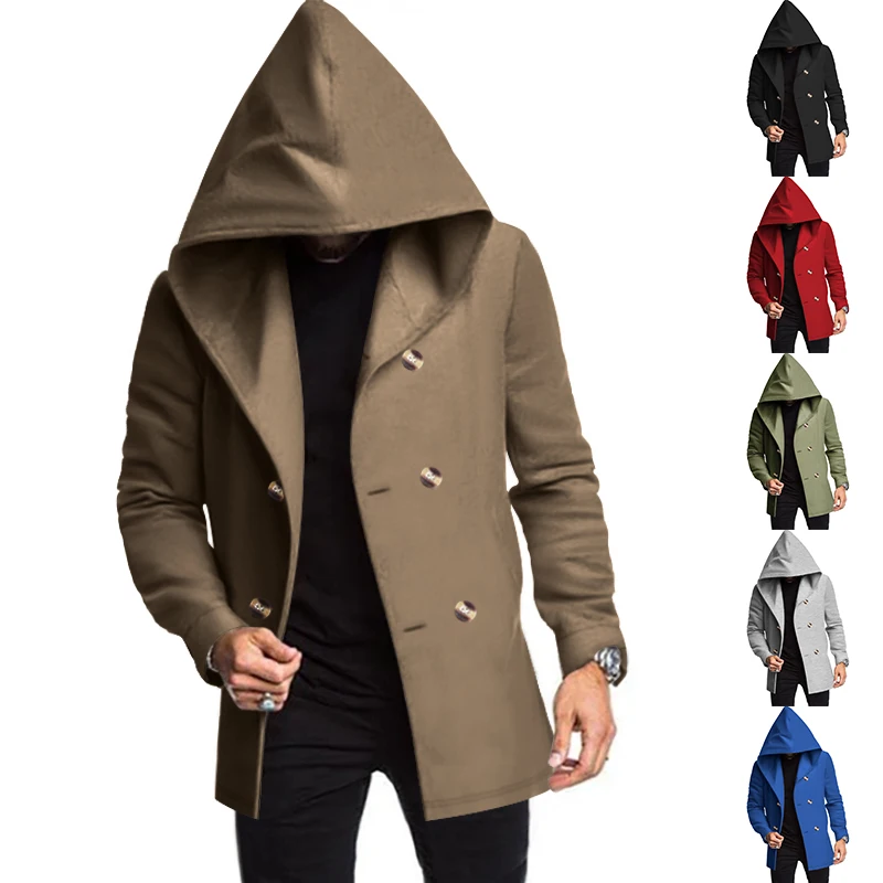 Modern men's coat - Double-buttoned coat with hood