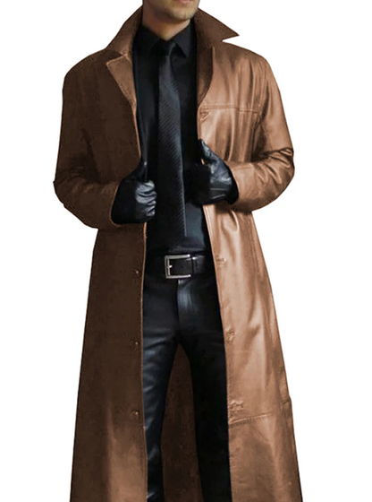 Modern men's coat - Long leather coat with classic lapels