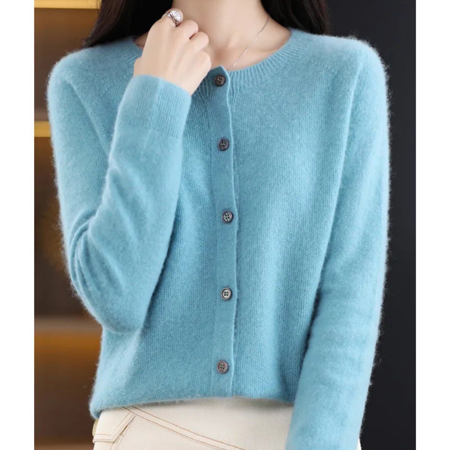 Pure Wool Ladies O-neck Cardigan Cashmere Sweater