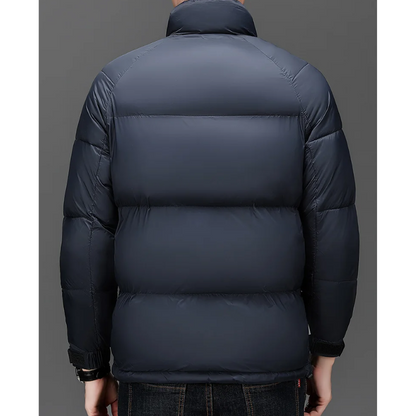 Men's puffer jacket with high collar and logo details