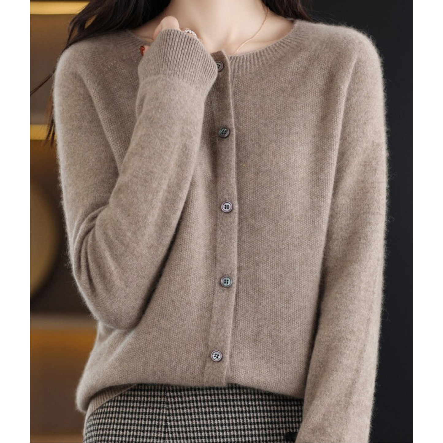 Pure Wool Ladies O-neck Cardigan Cashmere Sweater