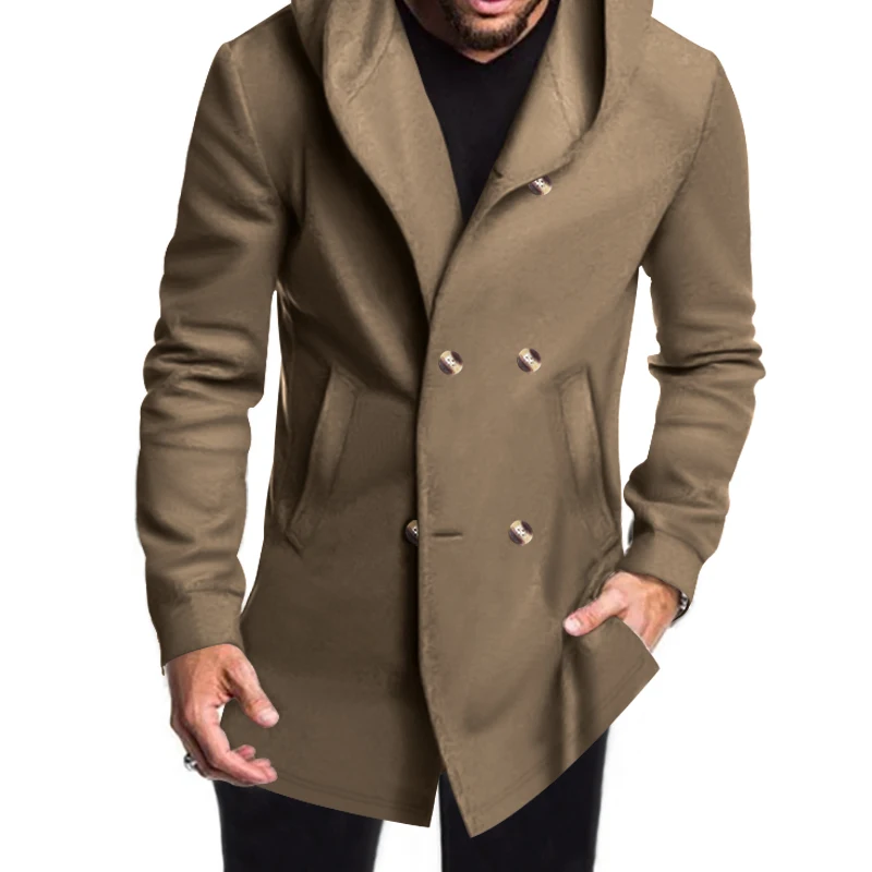 Modern men's coat - Double-buttoned coat with hood