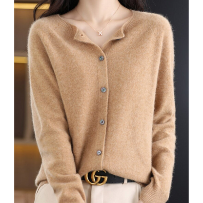 Pure Wool Ladies O-neck Cardigan Cashmere Sweater