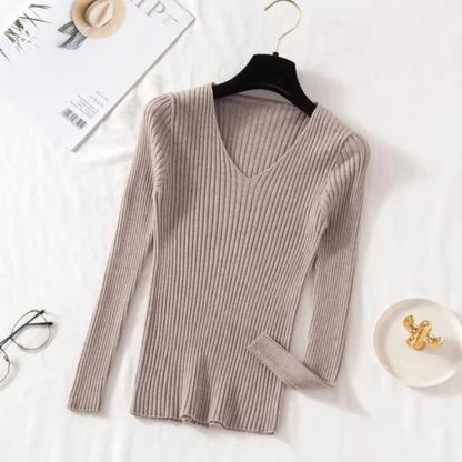 Slim-Fit Ribbed V-Neck Pullover For A Chic Look - Women's Sweater