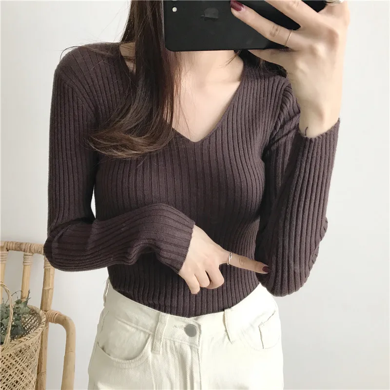 Slim-Fit Ribbed V-Neck Pullover For A Chic Look - Women's Sweater