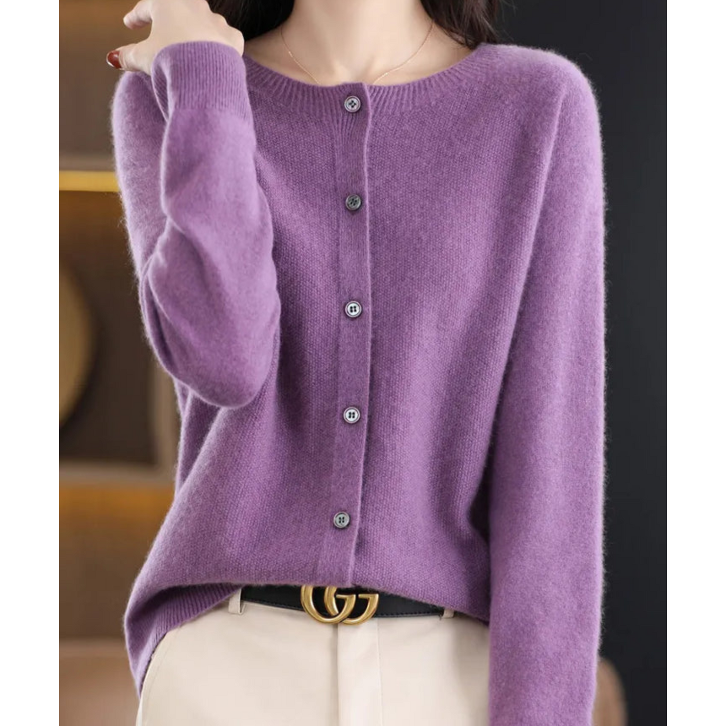 Pure Wool Ladies O-neck Cardigan Cashmere Sweater