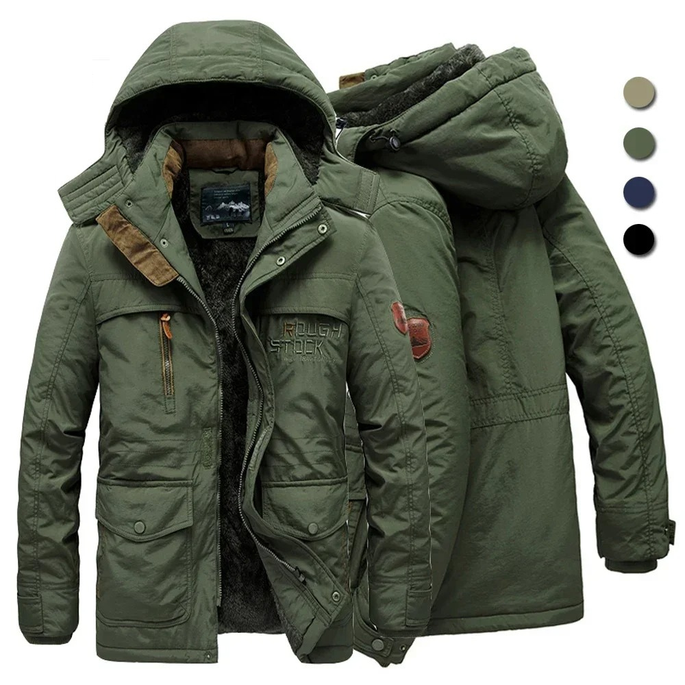 Robust parka jacket for men with detachable hood and pockets